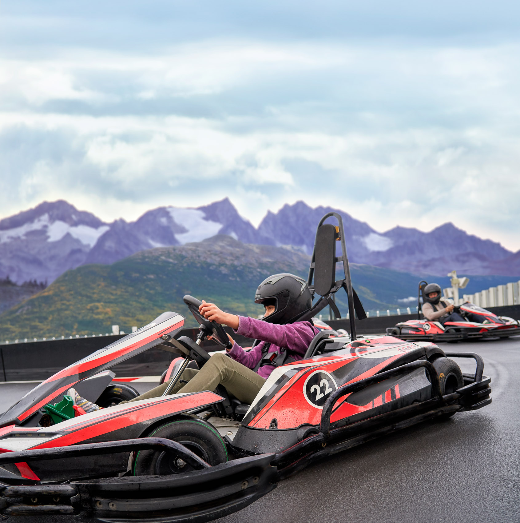 Racing go karts on the top deck of a cruise ship 